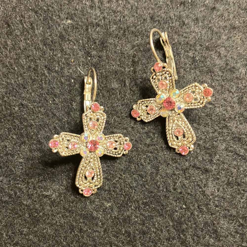 Elegant Pink Crystal Cross Earrings